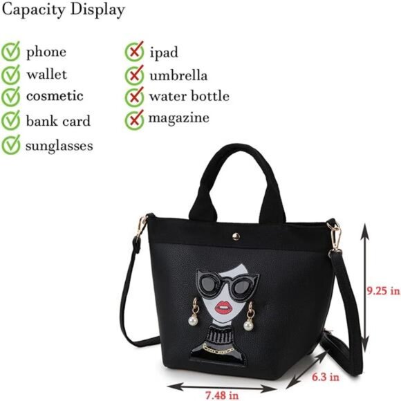 Quirky Lady Face Handbag - PU Leather Satchel, Top Handle Shoulder Bag - Picture 5 of 6